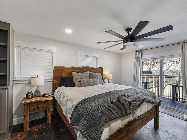 bedroom featuring access to outside and ceiling fan