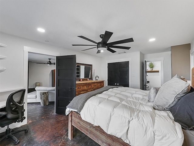 6596 Wells Burnett Rd, Fort Worth, TX 76135 - bedroom with finished concrete flooring, ceiling fan, and recessed lighting