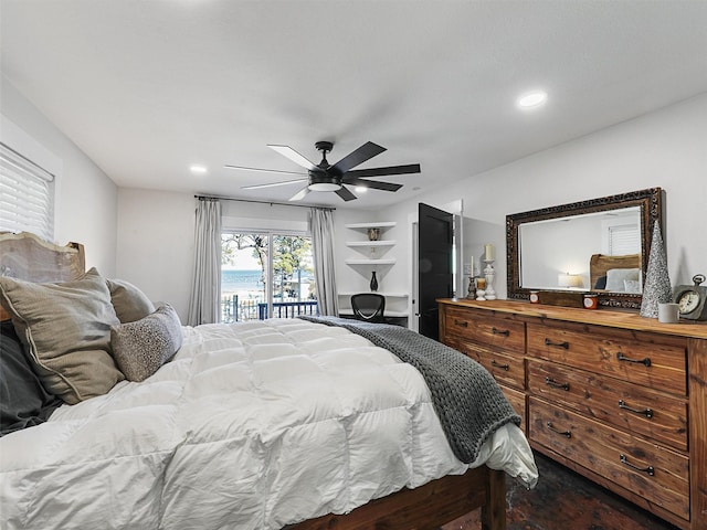 bedroom with access to exterior and ceiling fan