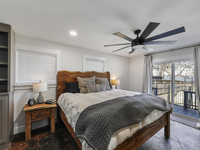 6596 Wells Burnett Rd, Fort Worth, TX 76135 - bedroom with access to exterior, a ceiling fan, and recessed lighting