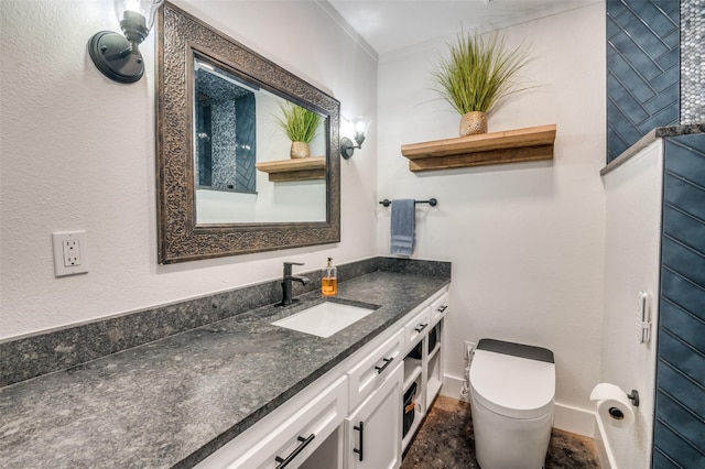 6596 Wells Burnett Rd, Fort Worth, TX 76135 - bathroom featuring vanity, toilet, baseboards, and ornamental molding