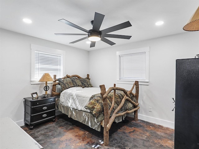 6596 Wells Burnett Rd, Fort Worth, TX 76135 - bedroom with baseboards, a ceiling fan, recessed lighting, and concrete flooring