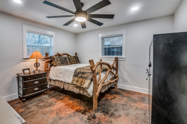 6596 Wells Burnett Rd, Fort Worth, TX 76135 - bedroom with baseboards, multiple windows, recessed lighting, a ceiling fan, and concrete floors