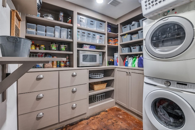 6596 Wells Burnett Rd, Fort Worth, TX 76135 - laundry room featuring stacked washer / drying machine and cabinet space