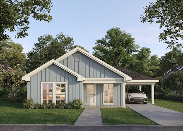 view of front of property featuring a carport and a front lawn