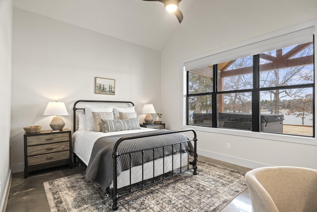 bedroom with ceiling fan and lofted ceiling