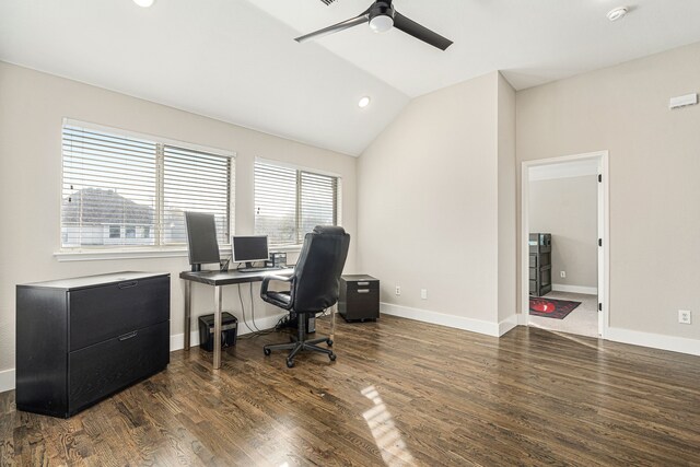 office featuring dark hardwood / wood-style floors and lofted ceiling