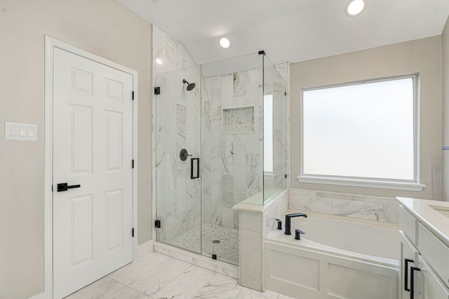 full bathroom with recessed lighting, marble finish floor, a garden tub, and a marble finish shower