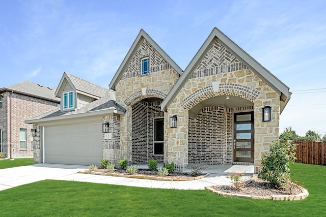 french country inspired facade featuring a garage, fence, stone siding, a front lawn, and concrete driveway