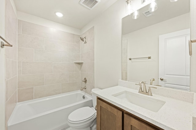 full bathroom with vanity, recessed lighting, shower / tub combination, toilet, and visible vents