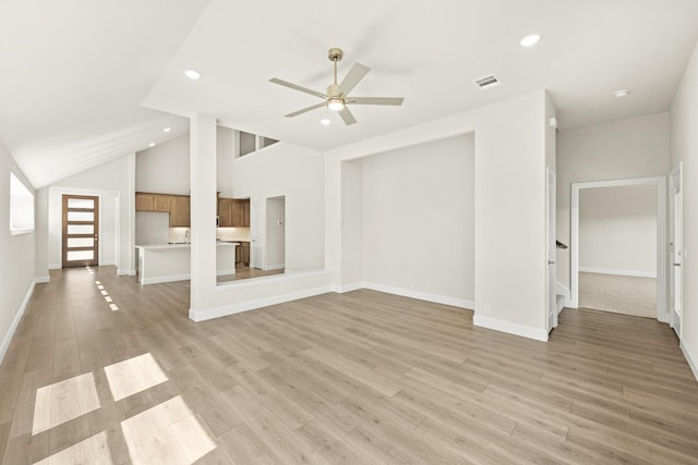 unfurnished living room with recessed lighting, lofted ceiling, visible vents, and ceiling fan