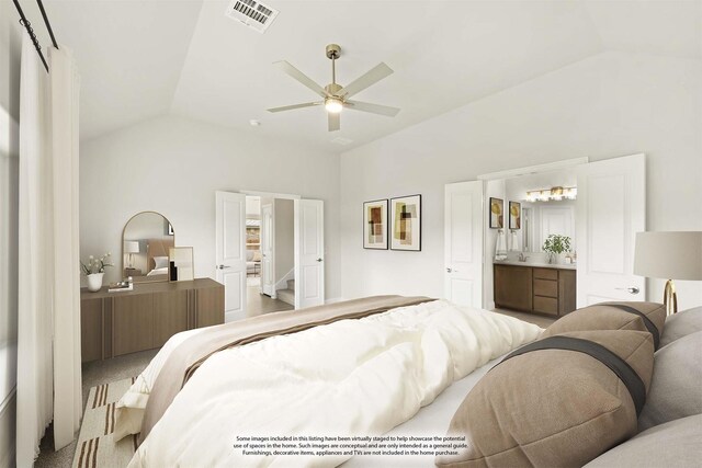 121 Red Cedar Ct, Balch Springs, TX 75181 - bedroom featuring vaulted ceiling, connected bathroom, and a ceiling fan