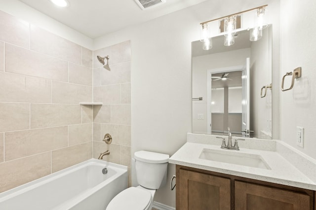 full bath featuring vanity, shower / tub combination, a ceiling fan, visible vents, and toilet