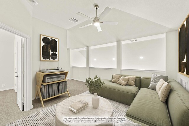 121 Red Cedar Ct, Balch Springs, TX 75181 - living area featuring carpet flooring, vaulted ceiling, a ceiling fan, and baseboards