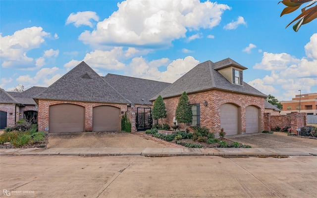 french country inspired facade with a garage