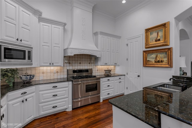 kitchen with sink, white cabinets, custom exhaust hood, stainless steel appliances, and crown molding