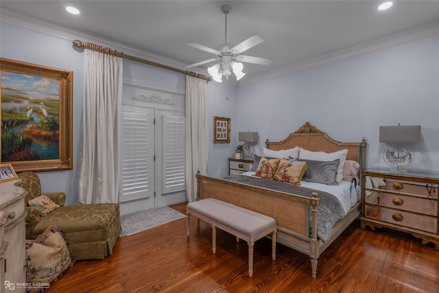 bedroom featuring crown molding, dark wood-type flooring, access to exterior, and ceiling fan