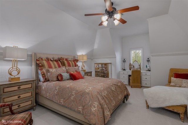 bedroom featuring light carpet and ceiling fan