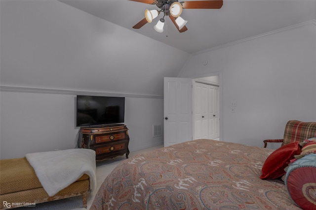 bedroom with light carpet, lofted ceiling, a closet, and ceiling fan