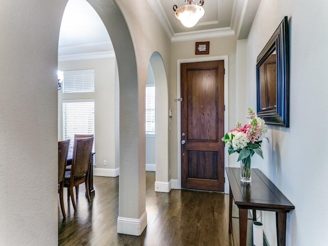 entrance foyer featuring dark wood-type flooring and crown molding