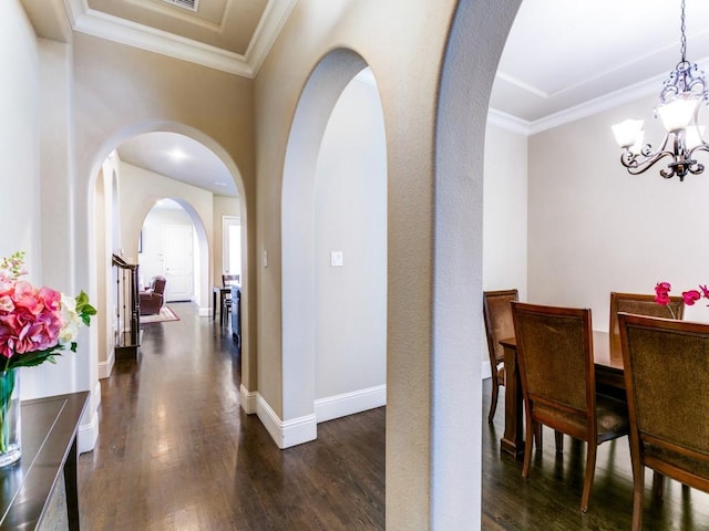 corridor featuring a chandelier, crown molding, and dark wood-type flooring