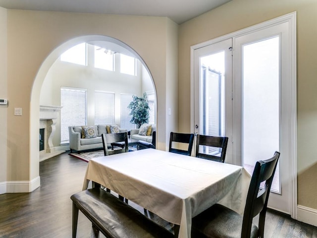 dining room with a premium fireplace and dark hardwood / wood-style floors