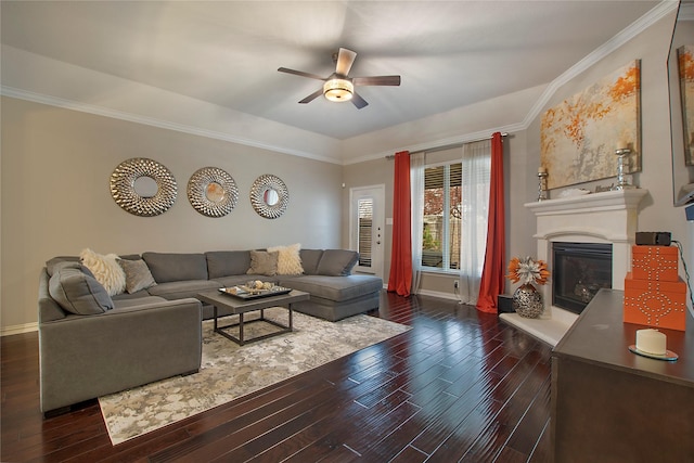 living room featuring dark hardwood / wood-style floors, ceiling fan, and ornamental molding