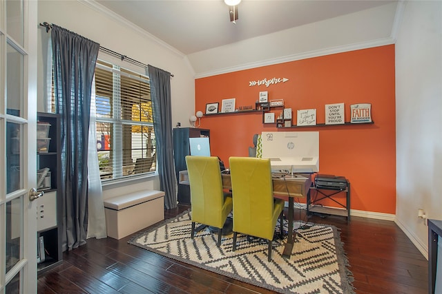 office area with dark hardwood / wood-style flooring and ornamental molding