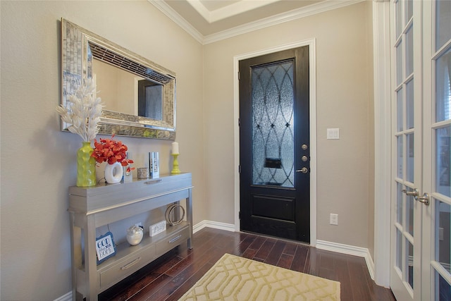 entrance foyer with crown molding and dark hardwood / wood-style floors