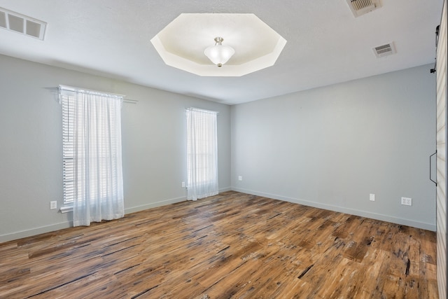 spare room featuring a tray ceiling and wood-type flooring