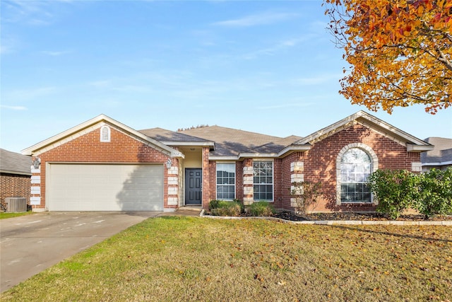 single story home featuring a garage, a front yard, and central air condition unit