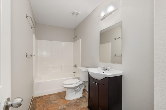 full bathroom with vanity, toilet, and washtub / shower combination