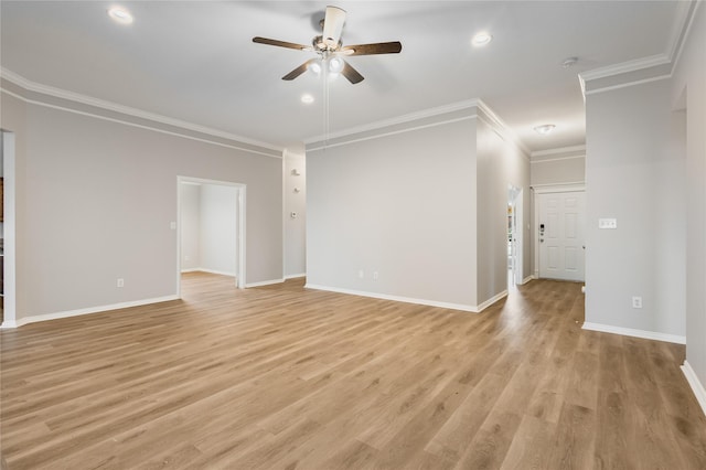 unfurnished living room featuring crown molding, light hardwood / wood-style flooring, and ceiling fan