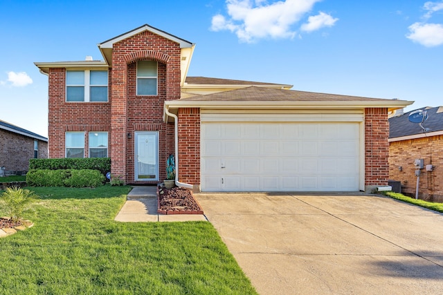 front facade with a garage and a front yard