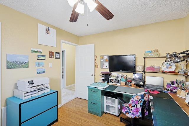 office space with ceiling fan, a textured ceiling, and light hardwood / wood-style flooring