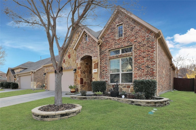 view of front of home featuring a front yard and a garage