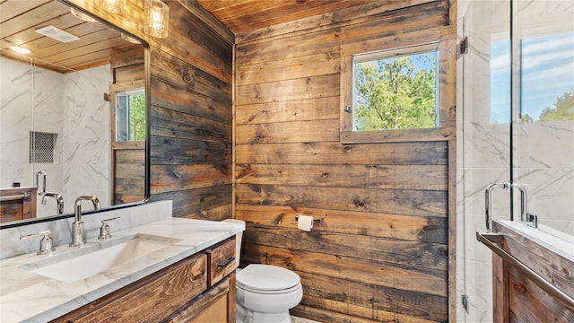 bathroom with wooden ceiling, toilet, and a healthy amount of sunlight