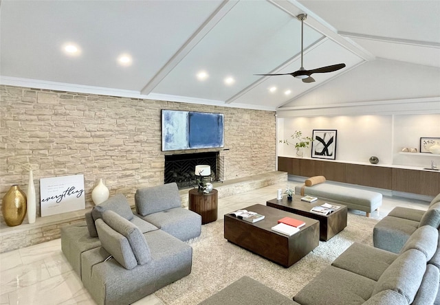 living room featuring a fireplace, vaulted ceiling with beams, and ceiling fan