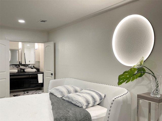 bedroom featuring ornamental molding, visible vents, and recessed lighting