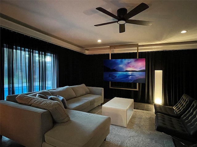 home theater with ceiling fan