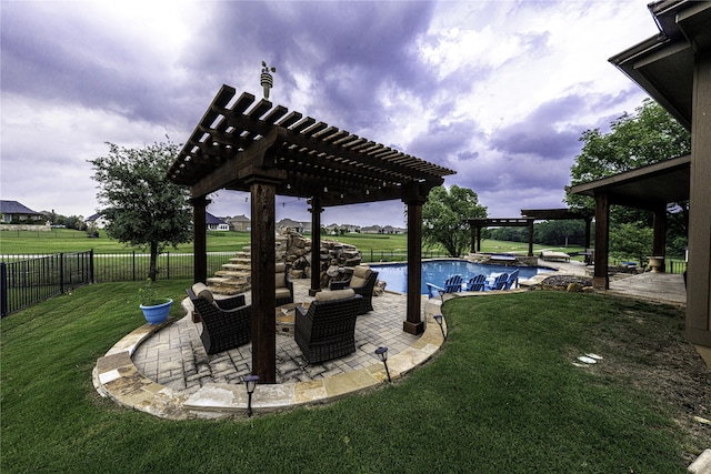 exterior space with an in ground hot tub, a yard, a pergola, and a patio area