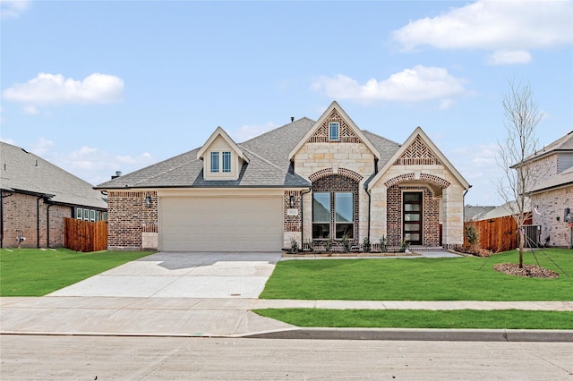 french country home featuring concrete driveway, a front yard, and fence