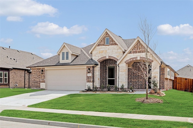 view of front of house featuring a front yard, concrete driveway, brick siding, and an attached garage