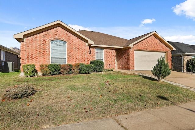 single story home with a garage, a front lawn, and central air condition unit