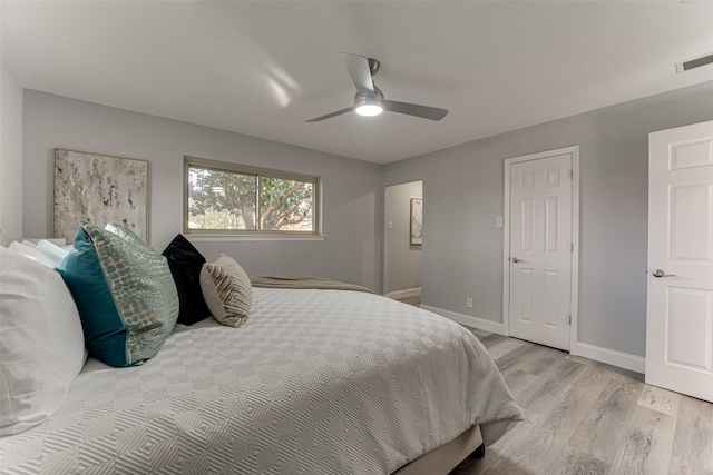 bedroom featuring light hardwood / wood-style floors and ceiling fan