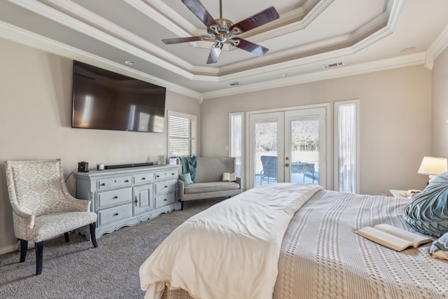 bedroom featuring access to exterior, ceiling fan, french doors, light carpet, and ornamental molding