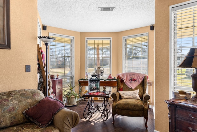 sitting room featuring wood-type flooring and a textured ceiling