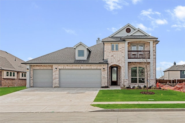 view of front facade featuring brick siding, concrete driveway, a front yard, a balcony, and an attached garage