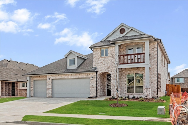 view of front facade featuring driveway, a balcony, an attached garage, a front yard, and brick siding