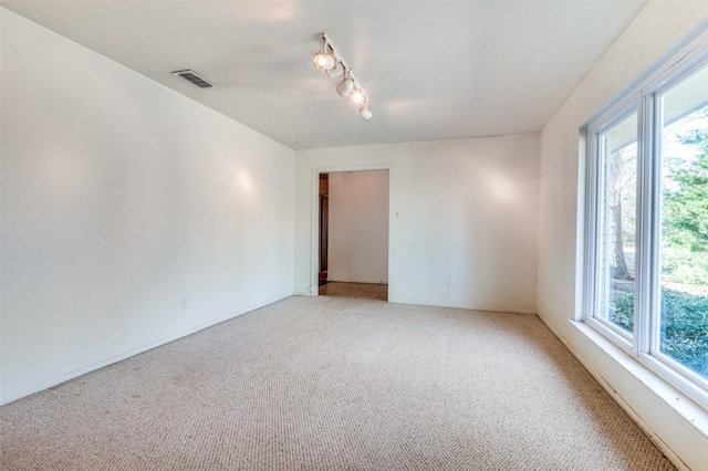 empty room with carpet flooring, rail lighting, and plenty of natural light